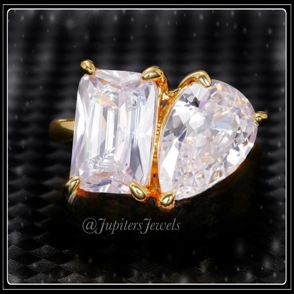 NEW 14K GOLD TOI ET MOI SIMULATED DIAMOND DOUBLE STONE PEAR PRINCESS RING